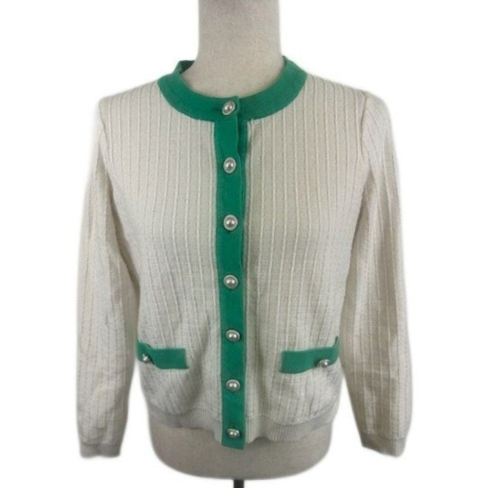 Adrianna Papell Cardigan Sweater Ivory Green Button Front Ribbed Knit Size Small